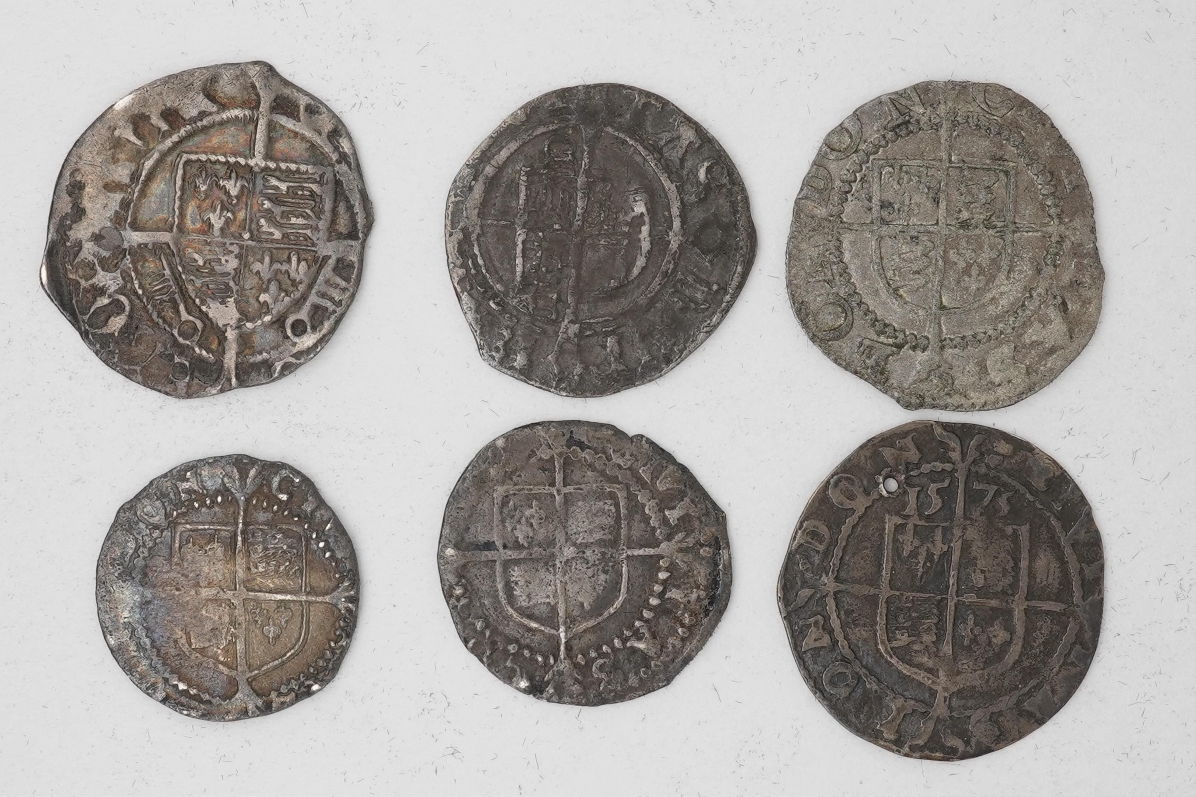 Six British hammered coins, Tudor period, Henry VII (1485-1509), silver penny, Archb. Rotherham, keys below shield, York mint, Henry VIII (1509-47), silver penny, Edward VI (1547-53), silver penny, S. 2474, Elizabeth I (